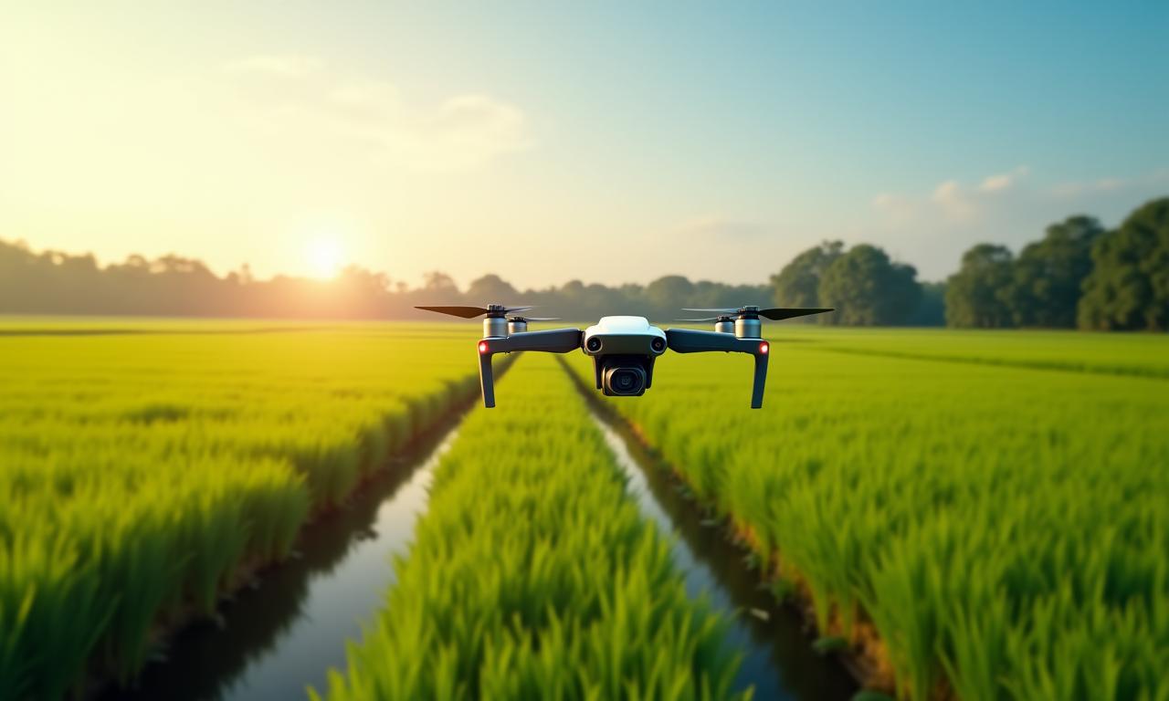 Drone terbang di atas sawah padi hijau yang subur