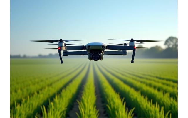 Dron pertanian terbang di atas ladang hijau, melakukan pengawasan dan penyemburan