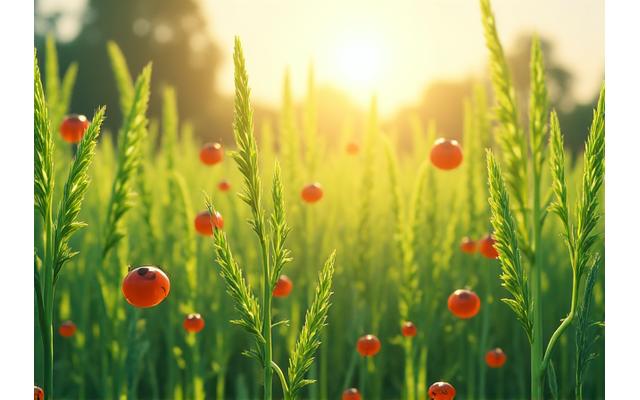 Ilustrasi serangga bermanfaat dan tumbuh-tumbuhan yang sihat untuk pengurusan perosak biologi