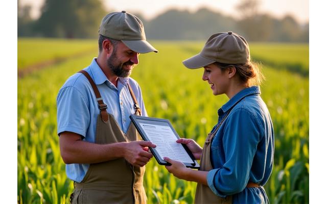Petani berunding dengan seorang pakar pertanian di ladang